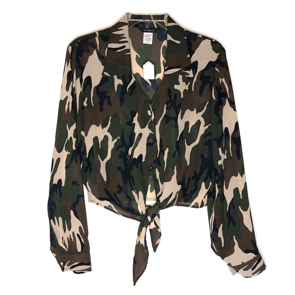 CAMOUFLAGE FRONT TIE BLOUSE - Picture 1 of 4